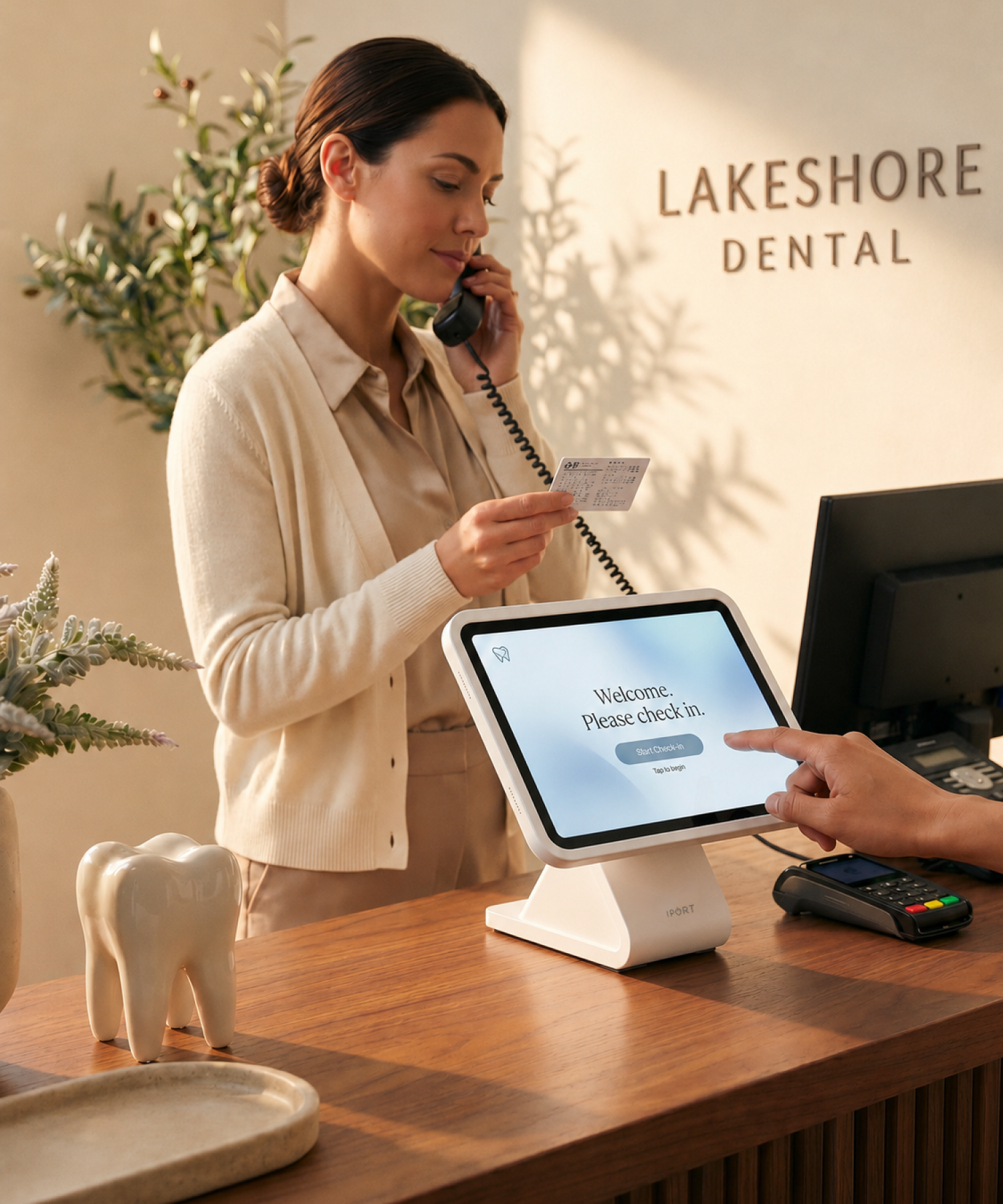 Dental front-desk receptionist on a corded phone holding an insurance card while a patient self-checks in on a CONNECT PRO BaseStation iPad kiosk — the busy front desk while the kiosk does the check-in