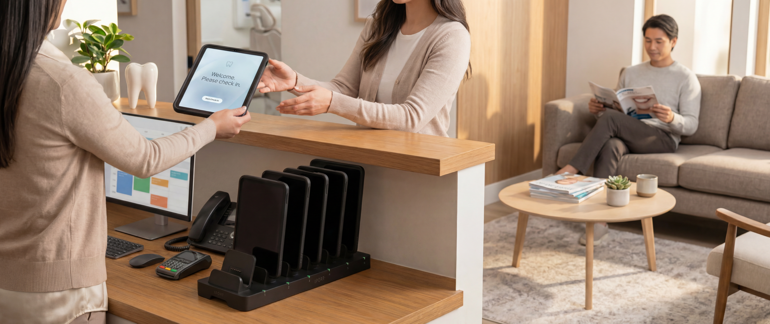 Wide environmental view of a dental practice front desk in active use: two-person check-in at a CONNECT PRO BaseStation iPad kiosk, Lakeshore Dental wordmark on the back wall, mid-century waiting area with a seated patient in soft focus